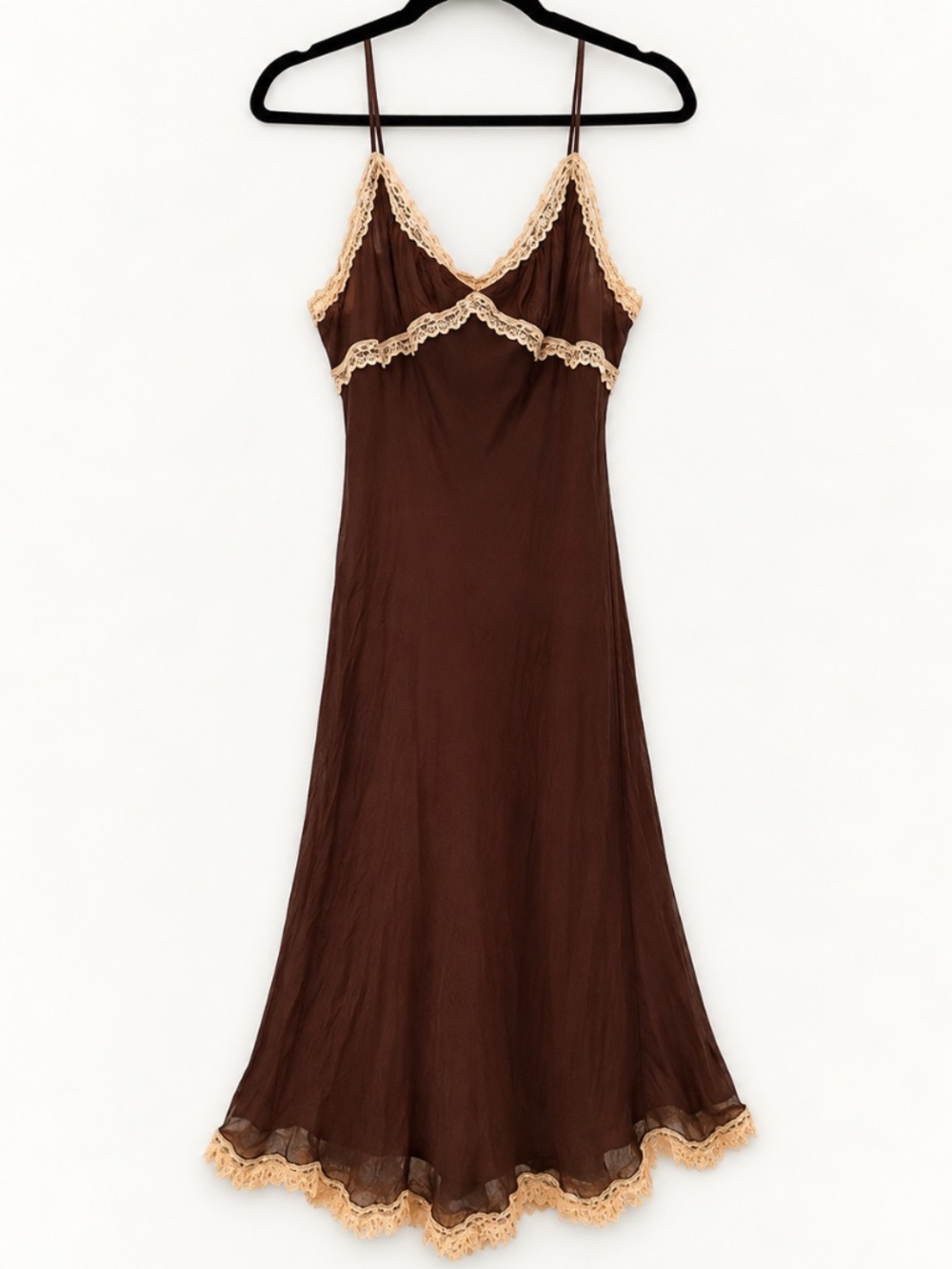 Vintage Moda International Brown Lace Slip Dress Y2K Sheer Maxi Lingerie